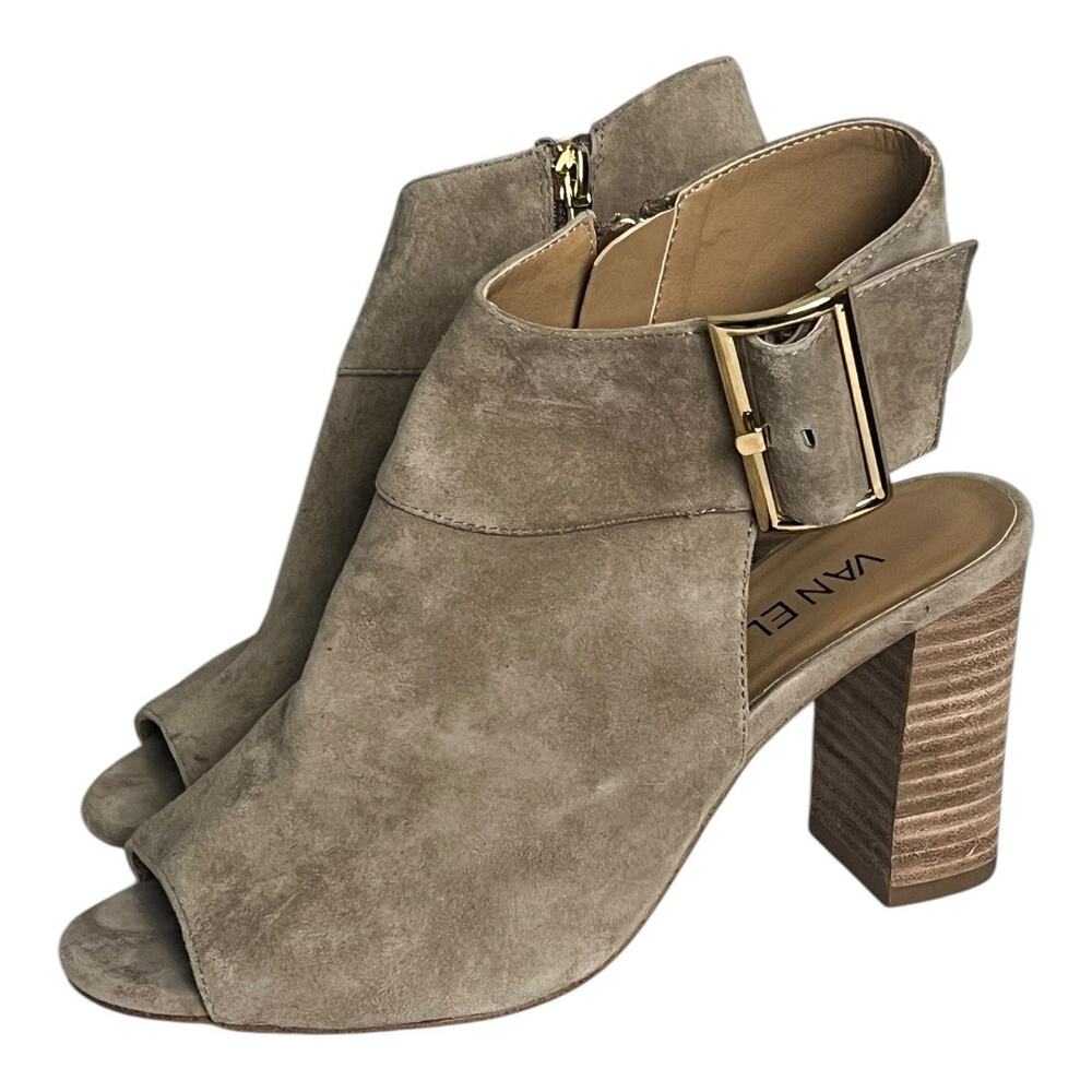 Van Eli Taupe Beige Suede Leather Shoes Heels Booties 6 Peep Toe Buckle